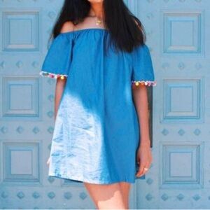 See you Monday | Chambray Denim Off Shoulder Tunic Dress with Rainbow Tassels